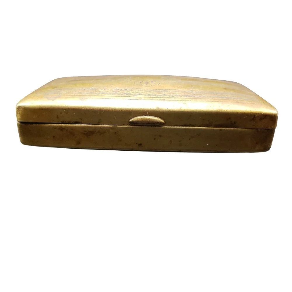 Antique ca 1900s Brass Metal Tobacco Snuff Box Engraved Wave Pattern Hinged Lid